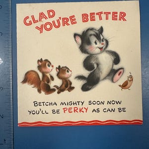 LIVRAISON GRATUITE : carte de voeux vintage « Heureux que vous allez mieux » animaux des bois inutilisé | Éphémères | Lettre | Correspondant | Papeterie Chipmunks Caille