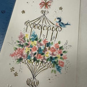 LIVRAISON GRATUITE : carte d'anniversaire vintage avec cage à oiseaux et oiseaux bleus + fleurs roses pour le bain d'oiseau, fleurs printanières non utilisées | Éphémères | Papeterie à lettres