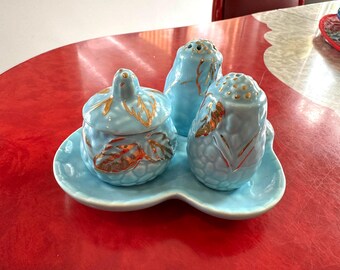 Vintage Wade Golden Turquoise Serving Set: Salt, Pepper, Jam Jar (England)