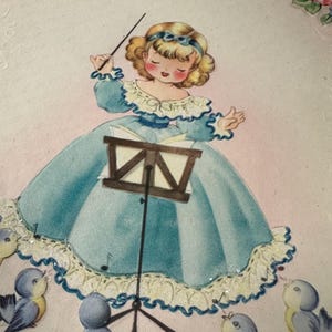 LIVRAISON GRATUITE : carte d'anniversaire vintage Blue Birds w/roses roses, fille robe bleue musique police fleurs printemps inutilisé | Éphémères | Papeterie à lettres