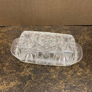 Vintage Clear Cut Glass Butter Dish With Lid - Covered Food Storage Fridge Countertop - Clear MCM Glass w/Starburst Mandala Pattern