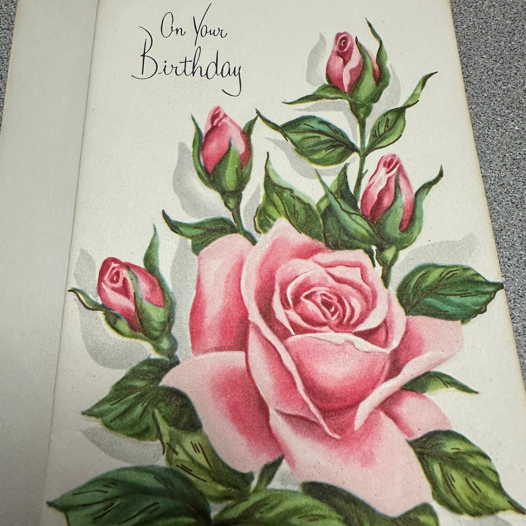 Vintage Pink Rose Happy Birthday Card With Gold Accents - Etsy