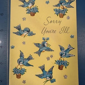 LIVRAISON GRATUITE : carte de voeux vintage Bluebirds & Cheerful Yellow Get Well Soon inutilisé | Éphémères | Lettre | Correspondant | Papeterie