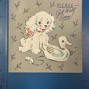 LIVRAISON GRATUITE : carte de voeux vintage Kitschy Pink Puppy w/Duck Get Well inutilisé | Éphémères | Lettre | Correspondant | Religieux