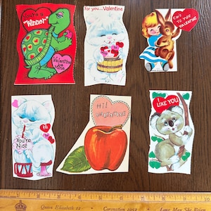 LIVRAISON GRATUITE - Cartes de Saint-Valentin vintage animaux, bestioles, koala, pomme, tortue vendues séparément Découpes mignonnes rétro éphémères romantique salle de classe