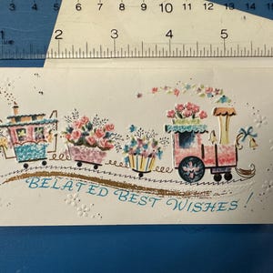 LIVRAISON GRATUITE : vintage carte de voeux d'anniversaire avec du retard floral bleu pastel et train horloge printemps inutilisé | Éphémères | Papeterie à lettres