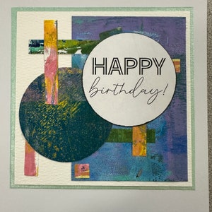 Biglietto di buon compleanno: collage multistrato originale, unico nel suo genere, realizzato con carte dipinte a mano