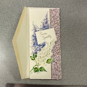 LIVRAISON GRATUITE : vintage Sympathy Card Metallic - Illustrations florales religieuses + violettes - Petite taille avec polices cursives d'enveloppe à l'intérieur et à l'extérieur