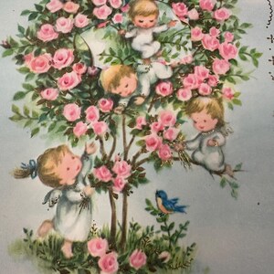 LIVRAISON GRATUITE : carte de voeux vintage Pink Blossoms & Babies Get Well Soon, or métallique inutilisé | Éphémères | Lettre | Correspondant | Papeterie