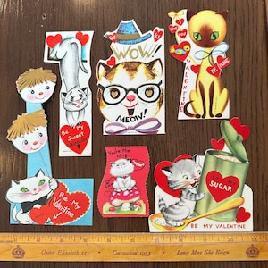 LIVRAISON GRATUITE - Cartes de Saint-Valentin mignonnes en sucre vintage miaou, vendues séparément Découpes mignonnes rétro éphémères salle de classe romantique