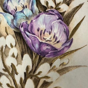 FREE SHIP: Vintage Birthday Card w/Pretty Blue and Purple Flowers & Glitter Tulips Florals Spring  Unused | Ephemera | Letter Stationery