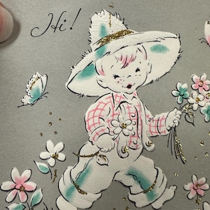 LIVRAISON GRATUITE : carte de voeux d'anniversaire vintage avec costume de cow-boy de petit garçon et jolies fleurs printanières inutilisées | Éphémères | Papeterie à lettres