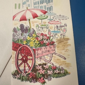 FREE SHIP: Vintage Flower Cart & Garden Get Well Soon Greeting Card Unused| Ephemera | Scrapbook | Letter | Pen Pal | Stationery