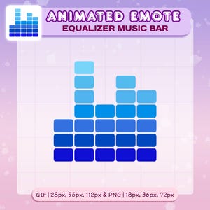 May include: An animated emote graphic featuring a blue equalizer music bar design. The graphic has a gradient of blue hues, from light to dark. The text "ANIMATED EMOTE EQUALIZER MUSIC BAR" is displayed above the graphic. The image also includes file size information.