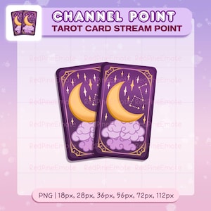 Può includere: Due carte dei tarocchi con sfondo viola, raffiguranti una luna crescente, stelle e nuvole. Le carte hanno bordi dorati e il testo "CHANNEL POINT TAROT CARD STREAM POINT" è visualizzato sopra. L'immagine include anche il testo "PNG | 18px, 28px, 36px, 56px, 72px, 112px".