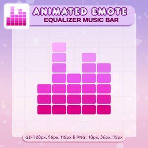 Puede incluir: Gráfico digital de una barra de música ecualizadora animada en tonos rosas. El texto "ANIMATED EMOTE EQUALIZER MUSIC BAR" se muestra encima del gráfico. Debajo del gráfico, se muestra el texto "GIF | 28px, 56px, 112px & PNG | 18px, 36px, 72px".