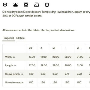 May include: A white page with care instructions and a size guide for a garment. The size guide shows measurements in inches for width, length, and sleeve length, ranging from XS to 5XL. The care instructions include washing and drying details.