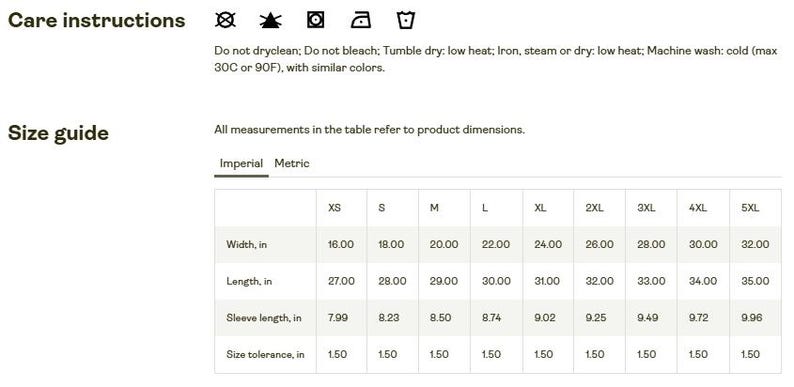 May include: A white page with care instructions and a size guide for a garment. The size guide shows measurements in inches for width, length, and sleeve length, ranging from XS to 5XL. The care instructions include washing and drying details.