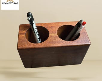 Solid Walnut Pen Holder: Retro Desk Organizer