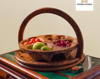 Handmade Walnut Wood Fruit Basket: Geometric Snack Storage