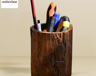 Vintage Solid Wood Pen Holder | Rustic Desk Organizer