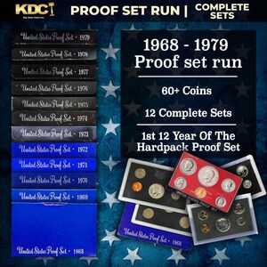 May include: A collection of United States Proof Sets from 1968-1979, featuring over 60 coins. The image displays complete sets in protective cases, with text indicating the 1st 12 years of the hardpack proof set.