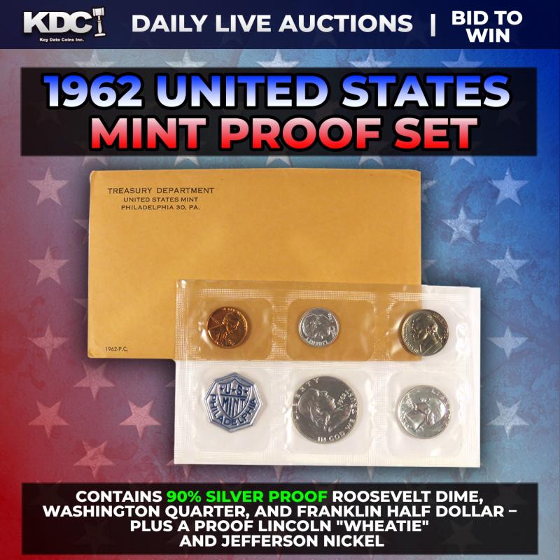1962 United States Mint Silver Proof Set In Original Government Packaging, 5 Coins - Manila Envelope