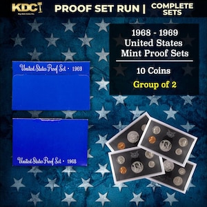 May include: Image of 1968-1969 United States Mint Proof Sets. The image shows two blue boxes labeled "United States Proof Set" with the years 1968 and 1969. The image also shows four sets of 10 coins each, displayed in black cases.