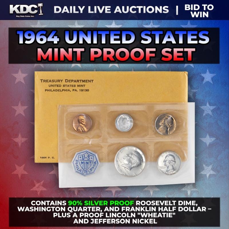 1964 United States Mint Silver Proof Set In Original Government Packaging, 5 Coins - Manila Envelope