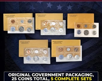 1960-1964 Silver Proof Set Run in Original Government Packaging, 25 Coins Total, 5 Complete Sets