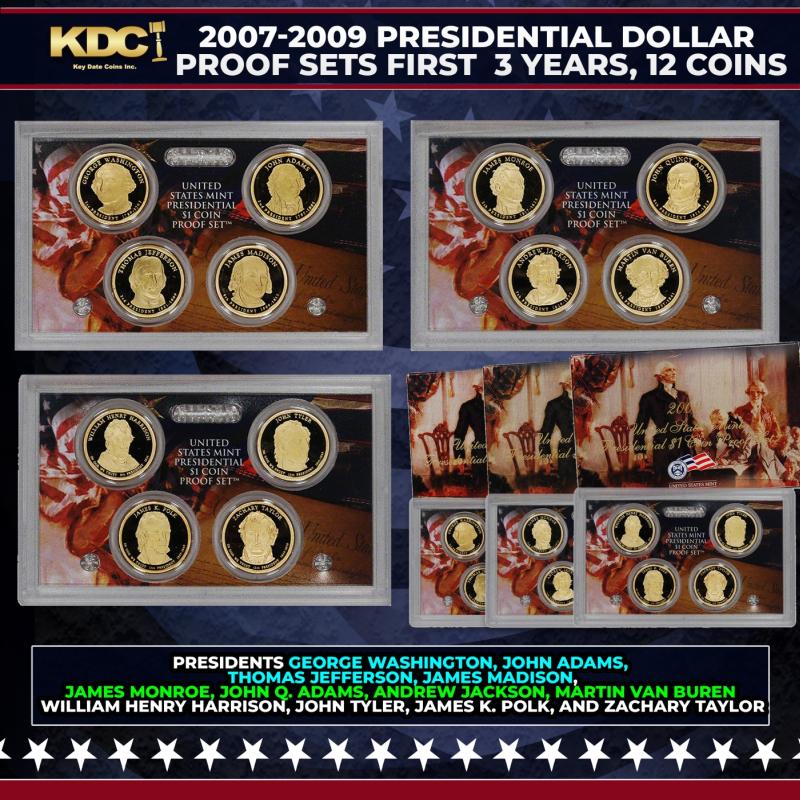 2007-2009 Presidential Dollar Proof Sets First 3 Years, 12 Coins In Original Government Packaging