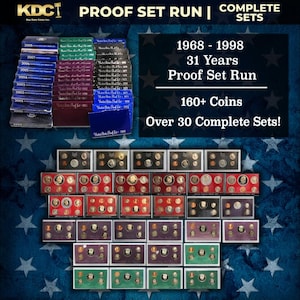 May include: A collection of United States Proof Sets from 1968 to 1998, featuring over 160 coins. The image displays multiple sets in various colors, including red, green, and blue, with text indicating the years and the number of sets.