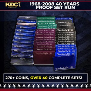 May include: A collection of United States Mint Proof Sets from 1968-2008. The image shows multiple sets in various colors, including blue, green, and burgundy. Text on the boxes indicates the year and the phrase "United States Proof Set". The text reads "270+ COINS, OVER 40 COMPLETE SETS!"
