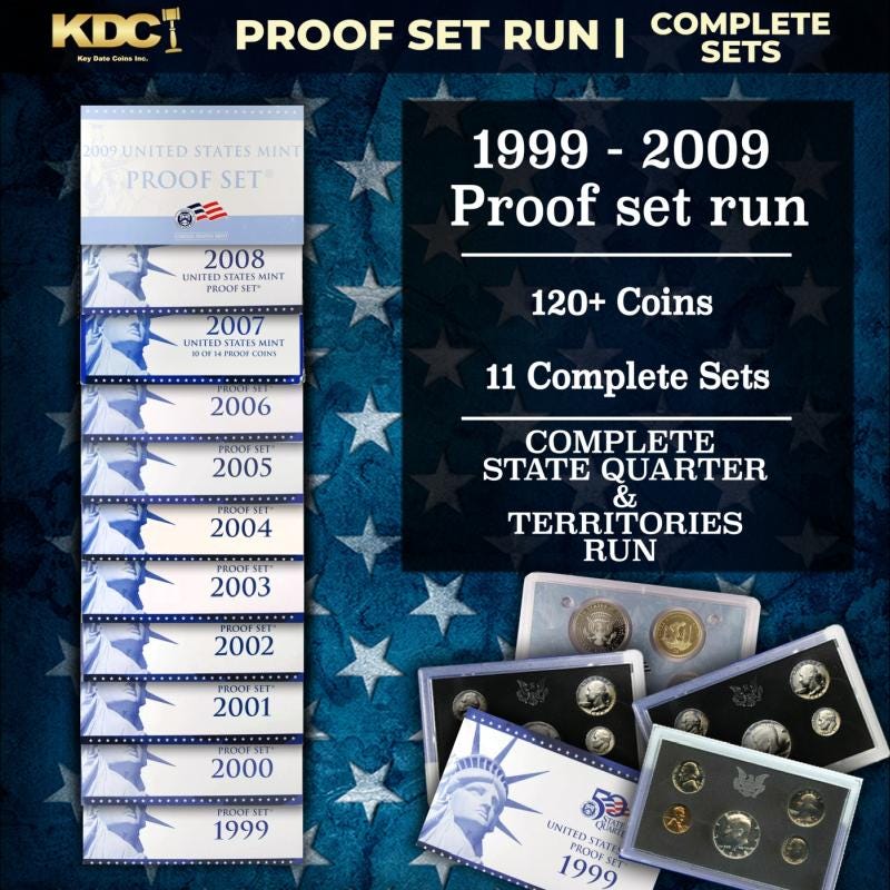 1999-2009 Full Proof Set Run - 127 Coins, 11 Sets Complete 50 State Quarters, Territories Run, & Life Of Lincoln