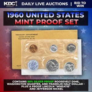 May include: A 1960 United States Mint Proof Set. The set includes a Roosevelt dime, Washington quarter, Franklin half dollar, a proof Lincoln "Wheat" cent, and a Jefferson nickel. The coins are in a clear plastic sleeve and a Treasury Department envelope.