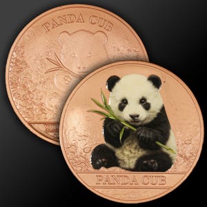 May include: Two circular copper-toned commemorative coins featuring a panda cub. The front coin displays a full-color image of a panda cub holding a bamboo stalk, with the text PANDA CUB below. The background coin shows an embossed panda design.