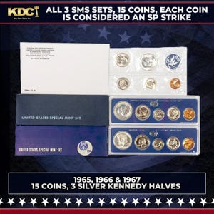 May include: A collection of United States Special Mint Sets from 1965, 1966, and 1967. The image shows 15 coins, including 3 silver Kennedy halves. The sets are in their original packaging, with text that reads "United States Special Mint Set."