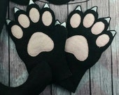 Black cat fleece gloves, kitty cat gloves, Black Cat costume, cat costume gloves, black kitty cat gloves, white cat kids gloves, Halloween