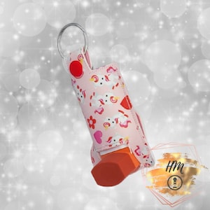 Unicorns Hearts and Rainbows marine vinyl asthma inhaler holder keychain