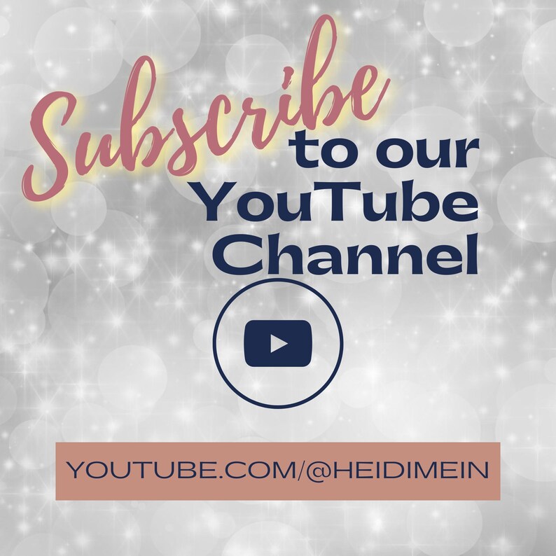 May include: A digital graphic with a silver bokeh background featuring the text Subscribe to our YouTube Channel in dark blue and pink script. A dark blue YouTube play button icon is centred, with the URL YOUTUBE.COM/@HEIDIMEIN below.