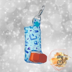 Blue Crystal Hearts marine vinyl asthma inhaler holder keychain