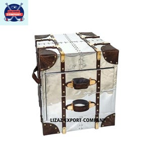 Aluminum Aviator End Table: Bedside Trunk Chest with Leather Straps