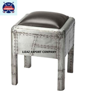 Taburete otomano de aluminio estilo aviación vintage / Muebles de diseño modernos, muebles de aviación plateados, mesa auxiliar para sala de estar con asiento de cuero marrón
