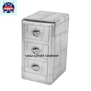 Mesa auxiliar de madera y aluminio con 3 cajones de almacenamiento, ideal para sala de estar y dormitorio.