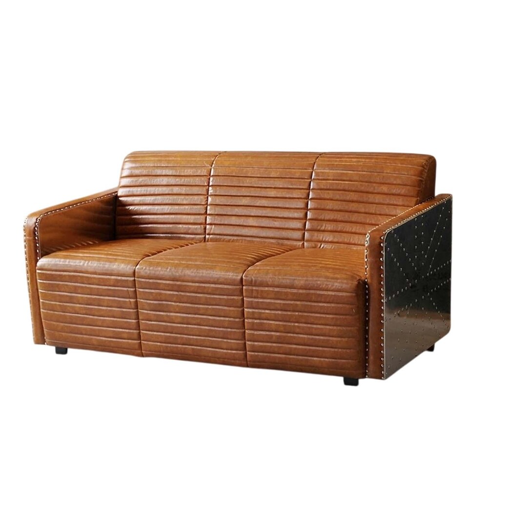 Vintage Aviator Brown Leather Sofa | Ribbed Industrial Couch With Metal ...