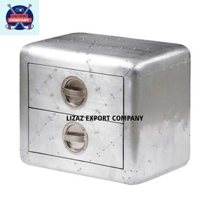 Aircraft Industrial Style Side Table with Storage, Aluminum Side Cabinet Aviator End Table with 2 Drawers, Home Decor Furniture