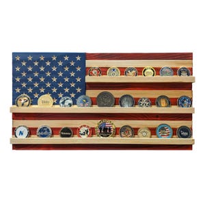 American Flag Challenge Coin Display | Rustic Wooden Military Coin Holder | Veteran gift | Wall Art Display Rack | Man Cave Decor