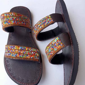Maasai leather sandals Beaded Maasai shoes//Handmade from genuine leather and heads