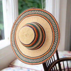 以下が含まれることがあります： 幅広のつばと円筒形のクラウンが付いた、織り込まれた麦わら帽子。 帽子のつばとクラウンの周りには、赤、黄、緑、紫のカラフルなバンドがあります。 帽子は自然なベージュ色です。