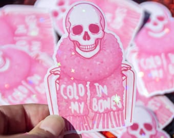Pink Skeleton Sticker, Holographic Halloween Vinyl Decal